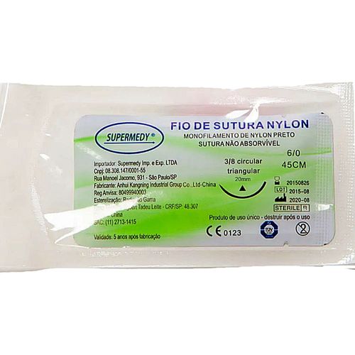 Fio Sutura Supermedy Nylon 6-0 Agulha 20mm 3/8 - unidade Fio Sutura Supermedy Nylon 6-0 Agulha 20mm 3/8 - unidade