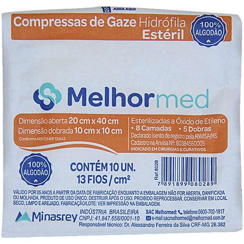 Compressa Gaze MelhorMed Estéril 13 fios 10x10cm - 10 gazes Compressa Gaze MelhorMed Estéril 13 fios 10x10cm - 10 gazes