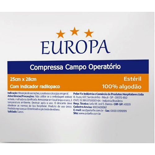Compressa Campo Operatório Europa Estéril 25x28cm - 5 compressas