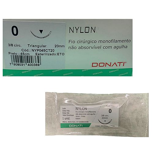 Fio Sutura Donati Nylon Monofilamento 0 Agulha 20mm 3/8 - unidade Fio Sutura Donati Nylon Monofilamento 0 Agulha 20mm 3/8 - unidade