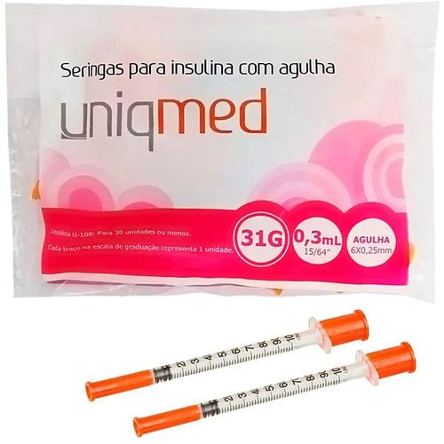 Seringa Insulina Uniqmed 0,3ml 6x0,25mm 31G - 10 seringas Seringa Insulina Uniqmed 0,3ml 6x0,25mm 31G - 10 seringas