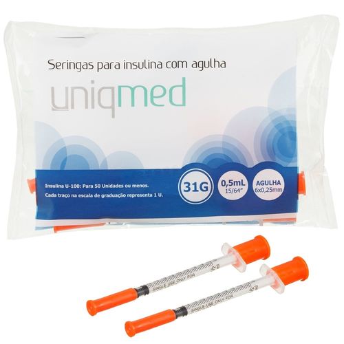 Seringa Insulina Uniqmed 0,5ml 6x0,25mm 31G - 10 seringas Seringa Insulina Uniqmed 0,5ml 6x0,25mm 31G - 10 seringas