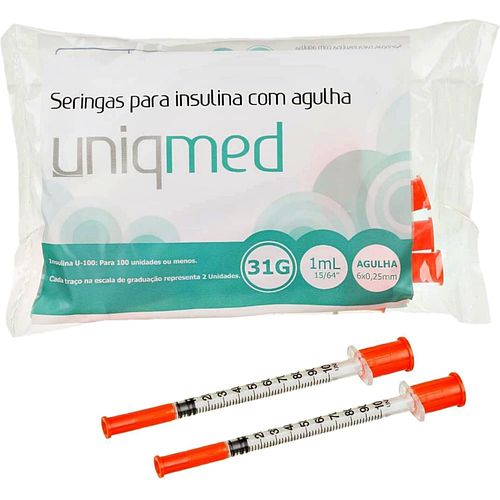 Seringa Insulina Uniqmed 1ml 6x0,25mm 31G - 10 seringas Seringa Insulina Uniqmed 1ml 6x0,25mm 31G - 10 seringas