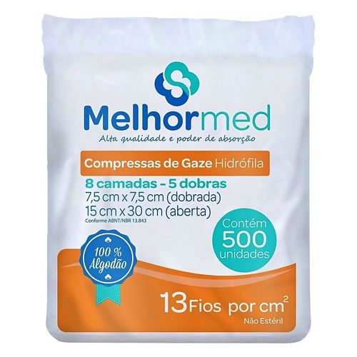 Compressa Gaze MelhorMed 13 fios 7.5x7.5cm - 500 unidades Compressa Gaze MelhorMed 13 fios 7.5x7.5cm - 500 unidades