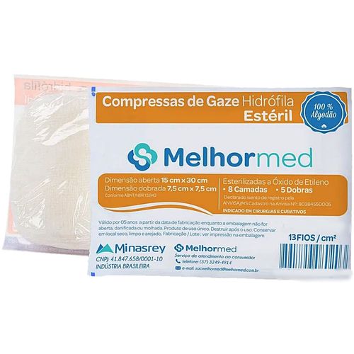 Compressa Gaze MelhorMed Estéril 13 fios 7.5x7.5cm - 10 compressas Compressa Gaze MelhorMed Estéril 13 fios 7.5x7.5cm - 10 compressas