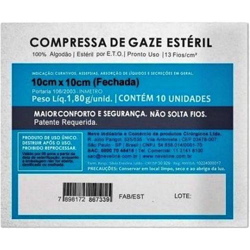 Compressa Gaze Neve Estéril 13 fios 10x10cm - 10 compressas Compressa Gaze Neve Estéril 13 fios 10x10cm - 10 compressas