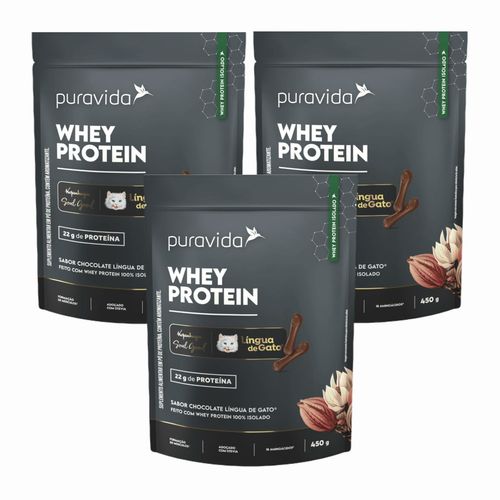 3x Whey Protein Isolado - Língua De Gato - Puravida - 450g Lingua de Gato