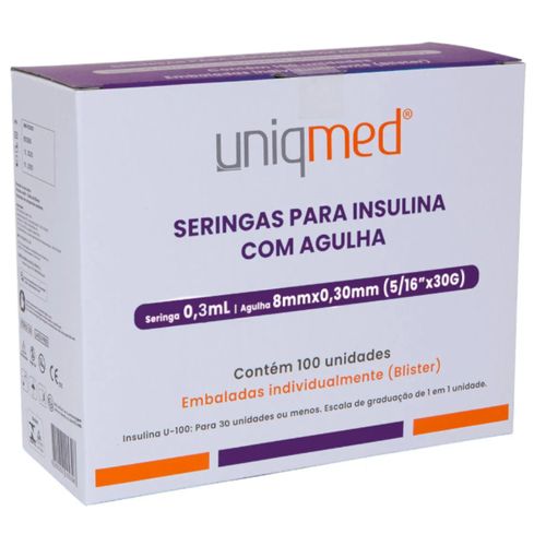 Seringa 0,3mL com Agulha 8mm para Insulina ou Botox 30G  (caixa com 100 unidades) - Uniqmed