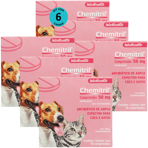 Chemitril 50mg Com 10 Comprimidos Para Cães e Gatos Chemitec Kit Com 6