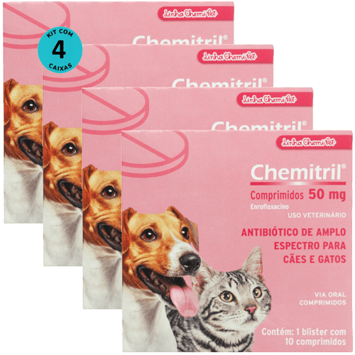 Chemitril 50mg Com 10 Comprimidos Para Cães e Gatos Chemitec Kit Com 4