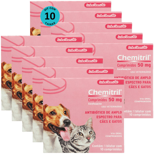 Chemitril 50mg Com 10 Comprimidos Para Cães e Gatos Chemitec Kit Com 10