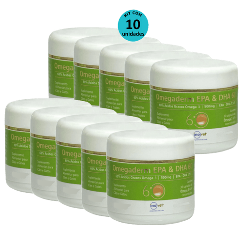 Omegaderm EPA & DHA 60 Suplemento P/ Cães e Gatos 500mg C/ 30 cáp. Inovet Kit com 10