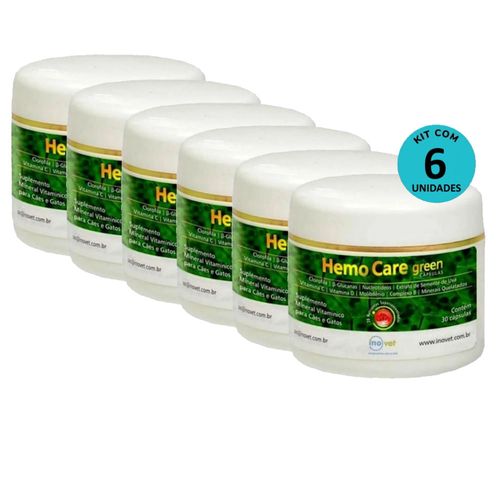 Kit 6 Hemo Care Green Suplemento P/ Cães e Gatos C/ 30 Cápsulas - Inovet Kit 6 Hemo Care Green Suplemento P/ Cães e Gatos C/ 30 Cápsulas - Inovet