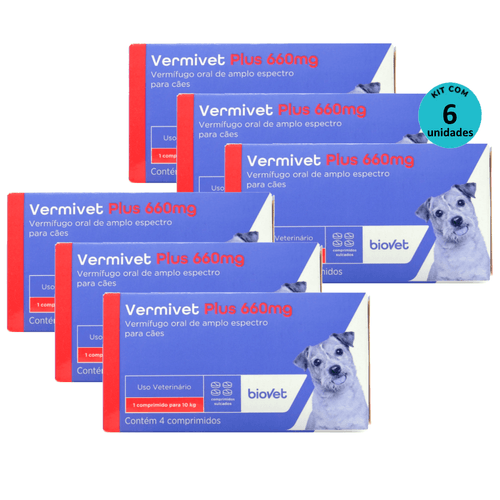 Kit Vermífugo Vermivet Plus Biovet 660mg c/ 4 Comprimidos C/ 6 unidades Kit Vermífugo Vermivet Plus Biovet 660mg c/ 4 Comprimidos C/ 6 unidades