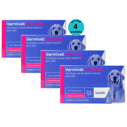 Kit Vermífugo Vermivet Plus Biovet 2g c/ 2 Comprimidos C/ 4 unidades Kit Vermífugo Vermivet Plus Biovet 2g c/ 2 Comprimidos C/ 4 unidades