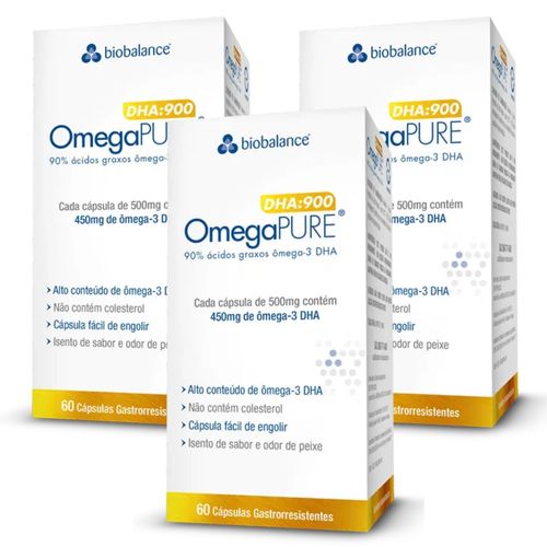 Kit 3 OmegaPure DHA 900 Alta Concentração 60 Caps Biobalance Sem Sabor Kit 3 OmegaPure DHA 900 Alta Concentração 60 Caps Biobalance Sem Sabor