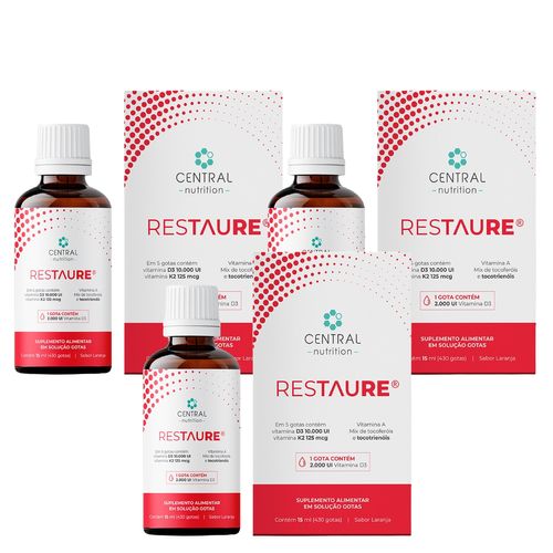 Kit 3 Restaure 430 gotas Vitaminas A  D E e K Central  Nutrition Laranja Kit 3 Restaure 430 gotas Vitaminas A  D E e K Central  Nutrition Laranja