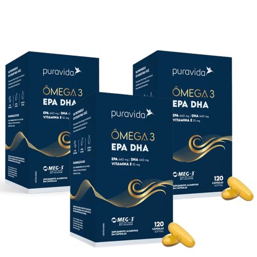 Kit 3 Ômega 3  Super DHA 1000mg  EPA 400mg 120 Cápsulas PuraVida Sem Sabor Kit 3 Ômega 3  Super DHA 1000mg  EPA 400mg 120 Cápsulas PuraVida Sem Sabor