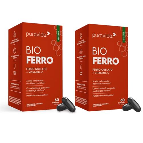 Kit 2 Bio Ferro Vitaminas C Ferro Quelato 60 Cápsulas PuraVida Sem sabor Kit 2 Bio Ferro Vitaminas C Ferro Quelato 60 Cápsulas PuraVida Sem sabor
