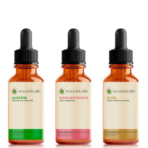 Kit óleos vegetais de Alecrim, semente de Ojon/ Batana e Rosa mosqueta - 30 ml cada