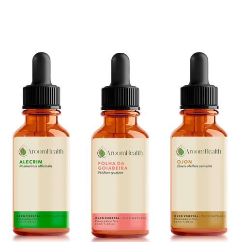 Kit óleos vegetais de Alecrim, semente Ojon/Batana e folha da Goiabeira -30 ml cada