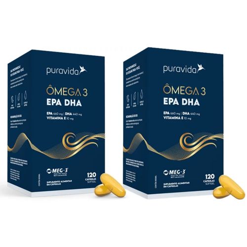 Kit 2 Ômega 3  Super DHA 1000mg  EPA 400mg 120 Cápsulas PuraVida Sem Sabor Kit 2 Ômega 3  Super DHA 1000mg  EPA 400mg 120 Cápsulas PuraVida Sem Sabor