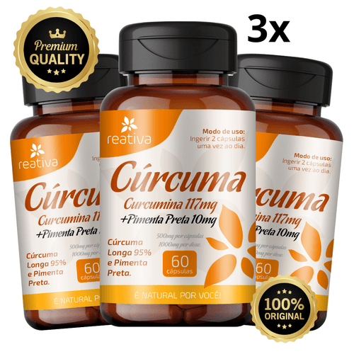 Kit 3 Cúrcuma Longa 95% com Pimenta Preta Reativa 1.000mg por dose Suplemento 100% natural Kit 3 Cúrcuma Longa 95% com Pimenta Preta Reativa 1.000mg por dose Suplemento 100% natural