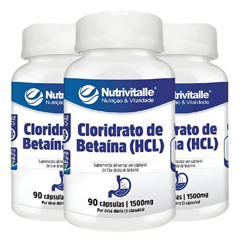 KIT 03 CLORIDRATO DE BETAINA (HCL) 1500MG 90CAPS NUTRIVITALLE KIT 03 CLORIDRATO DE BETAINA (HCL) 1500MG 90CAPS NUTRIVITALLE
