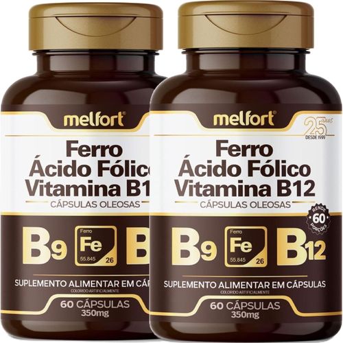 KIT 02 FERRO ACIDO FOLICO VITAMINA B12 60 CAPS 350MG MELFORT