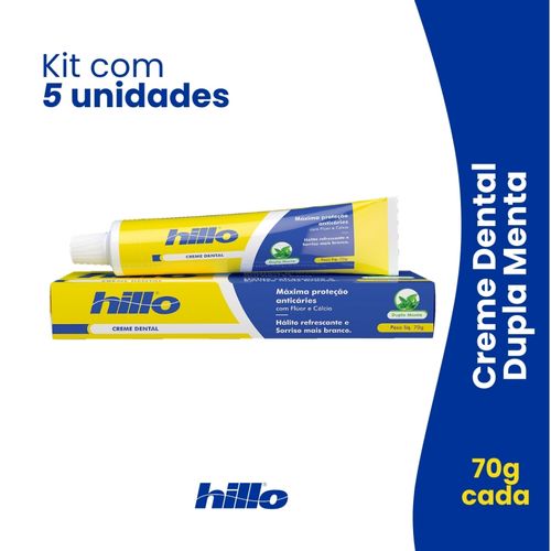 Kit 5 Cremes Dentais 70g Hillo - Dupla Menta Anticáries Proteção Completa Kit 5 Cremes Dentais 70g Hillo - Dupla Menta Anticáries Proteção Completa