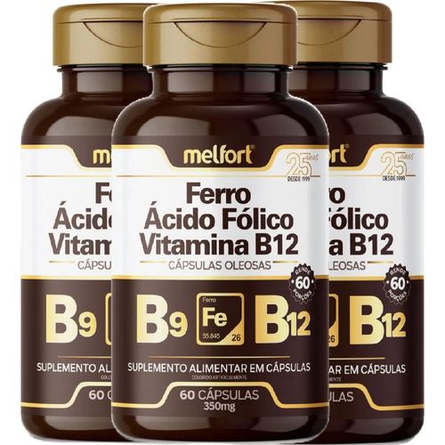 KIT 03 FERRO ACIDO FOLICO VITAMINA B12 60 CAPS 350MG MELFORT