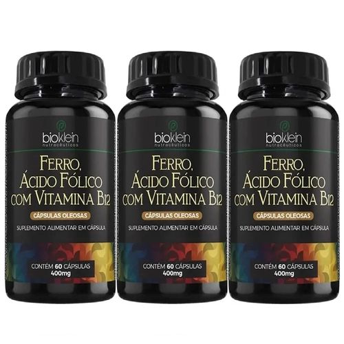 KIT 03 OLEO FERRO, ACIDO FOLICO C/ VITAMINA B12 400mg  60 Caps BIOKLEIN
