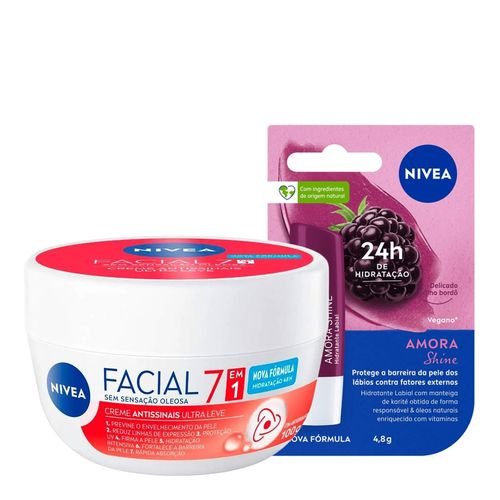Kit-Nivea-Hidratante-Labial-Amora-Shine-4-8g---Facial-Antissinais-Ultraleve-7-em-1-100g Kit-Nivea-Hidratante-Labial-Amora-Shine-4-8g---Facial-Antissinais-Ultraleve-7-em-1-100g