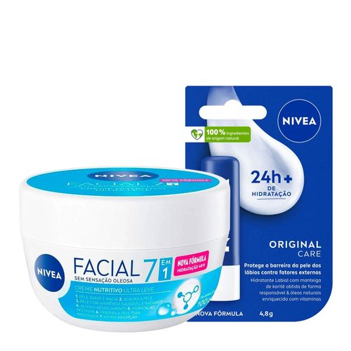 Kit-Nivea-Hidratante-Labial-Original-Care-4-8g---Facial-Nutritivo-Ultraleve-7-em-1-100g Kit-Nivea-Hidratante-Labial-Original-Care-4-8g---Facial-Nutritivo-Ultraleve-7-em-1-100g