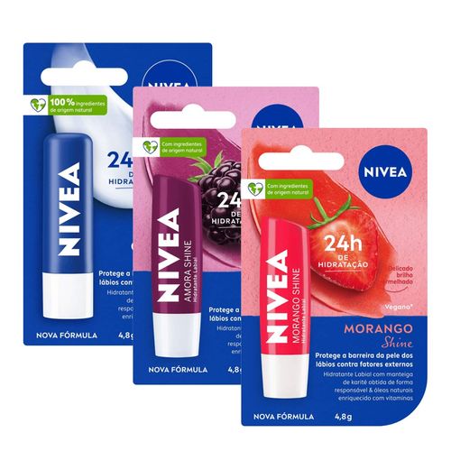 Kit-Nivea-Hidratante-Labial-Shine-Morango---Original-Care---Amora-4-8g-Cada