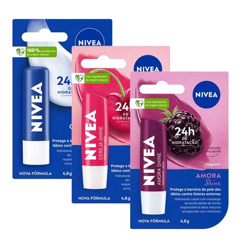 Kit-Nivea-Hidratante-Labial-Original-Care---Amora-Shine---Cereja-4-8g-Cada Kit-Nivea-Hidratante-Labial-Original-Care---Amora-Shine---Cereja-4-8g-Cada