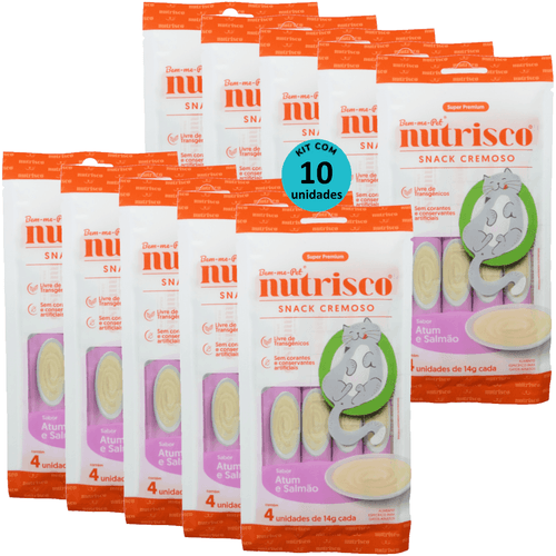 SNACK CREMOSO NUTRISCO GATOS ADULTOS 14G ATUM E SALMÃO COM 4 UN - KIT COM 10 SNACK CREMOSO NUTRISCO GATOS ADULTOS 14G ATUM E SALMÃO COM 4 UN - KIT COM 10