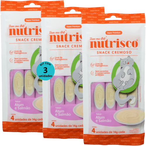 SNACK CREMOSO NUTRISCO GATOS ADULTOS 14G ATUM E SALMÃO COM 4 UN - KIT COM 3 SNACK CREMOSO NUTRISCO GATOS ADULTOS 14G ATUM E SALMÃO COM 4 UN - KIT COM 3