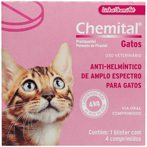 Chemital Com 4 Comprimidos Chemitec Vermífugo Para Gatos