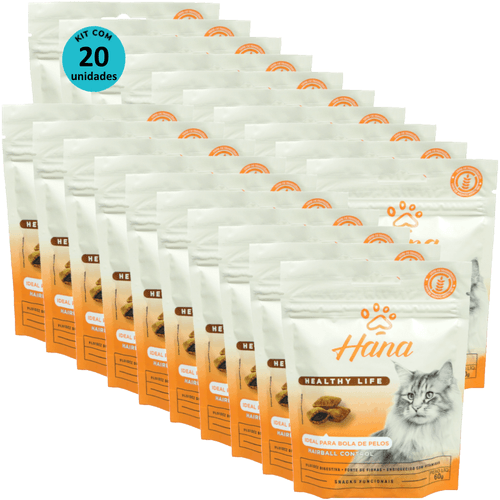 Snacks Hana Healthy Life Hairball Control P/ Gatos Adultos 60g - Kit c/ 20 unid. Snacks Hana Healthy Life Hairball Control P/ Gatos Adultos 60g - Kit c/ 20 unid.
