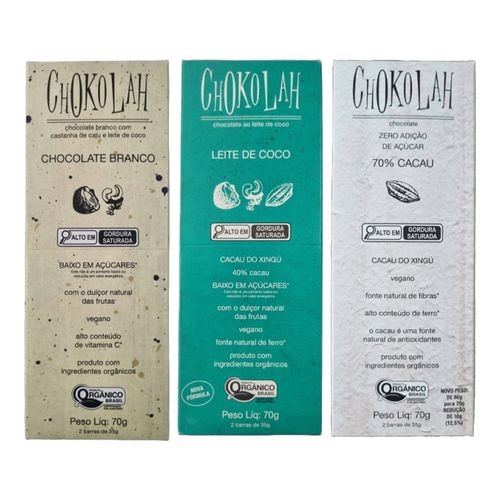 Kit 3 Chocolates Zero Açúcar Orgânico CHoKolaH: Branco, Ao Leite de Coco, 70% Cacau