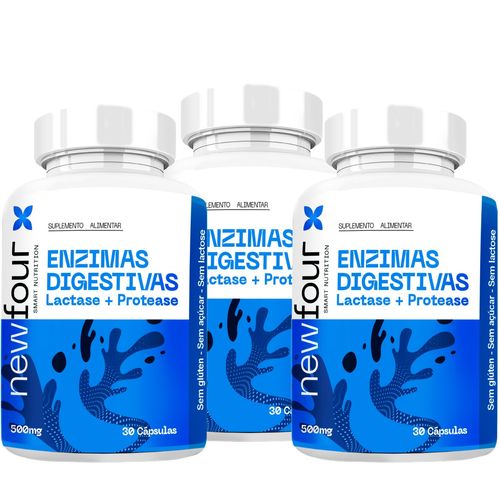 ENZIMAS DIGESTIVAS  LACTASE + PROTEASE KIT COM 3 POTES COM TOTAL DE 90 CAPSULAS