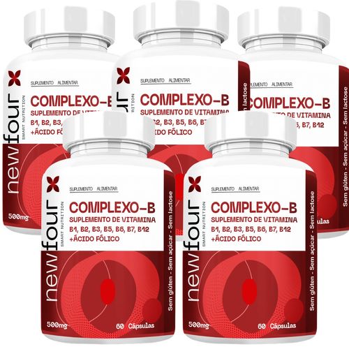 COMPLEXO-B SUPLEMENTO DE VITAMINA B1, B2, B3, B5, B6, B7, B12 + ÁCIDO FÓLICO KIT COM 5 POTES COM TOTAL DE 300 CAPSULAS