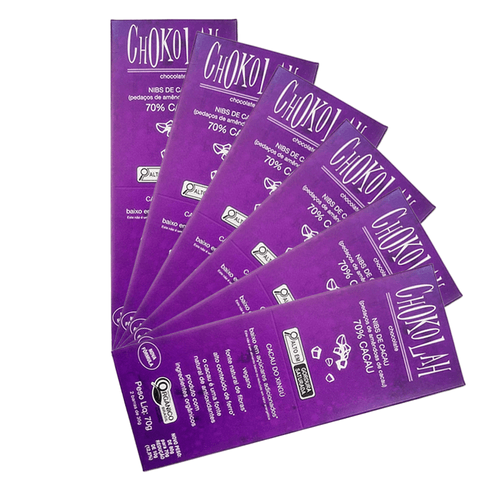Kit 6X: Chocolate 70% Cacau com Nibs Baixo em Açúcares Orgânico CHoKolaH 70g