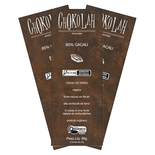 Kit 3X: Chocolate 85% Cacau com Açúcar Demerara Orgânico CHoKolaH 68g
