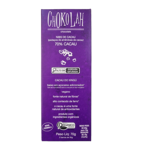 Chocolate 70% Cacau com Nibs Baixo em Açúcares Orgânico CHoKolaH 70g Chocolate 70% Cacau com Nibs Baixo em Açúcares Orgânico CHoKolaH 70g