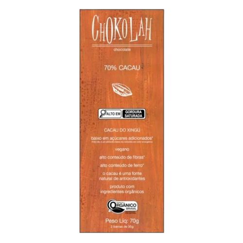 Chocolate 70% Cacau Baixo em Açúcares Orgânico CHoKolaH 70g