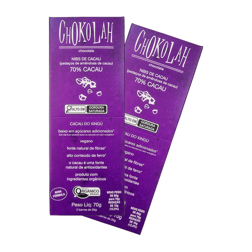 Kit 2X: Chocolate 70% Cacau com Nibs Baixo em Açúcares Orgânico CHoKolaH 70g Kit 2X: Chocolate 70% Cacau com Nibs Baixo em Açúcares Orgânico CHoKolaH 70g