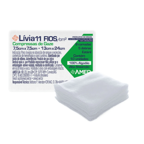 Compressa de gaze 7,5X7,5cm 11F (pacote com 10 unidades)  Livia - América