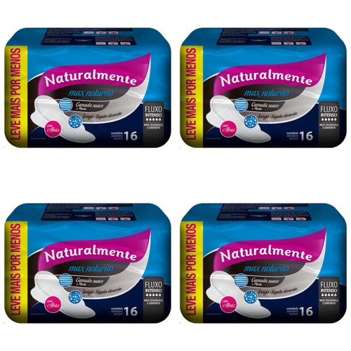 Kit c/4 Absorventes Naturalmente Max Noturno com Abas C/16 Unidades cada